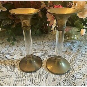 Rare Vtg  Brass & Glass Candlesticks Candleholders